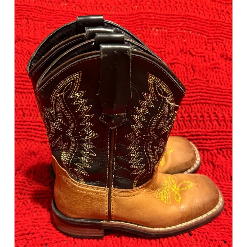 JB Dillon Kids Leather Western Cowboy Boots Tan Black Square Toe JBCE2000C 11.5